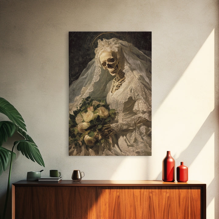 The Skeletal Bride, Dark Renaissance Art, Vertical Wall Art, Macabre Wall Art, Framed Canvas Print, Halloween Wall Art