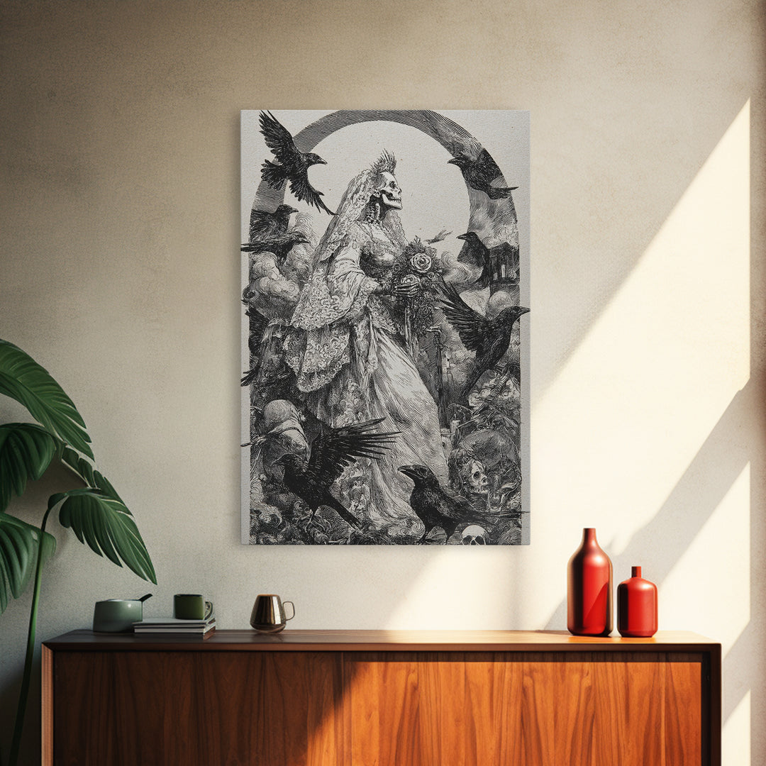 The Skeletal Bride, Renaissance Engraving Art, Vertical Wall Art, Macabre Wall Art, Framed Canvas Print, Halloween Wall Art