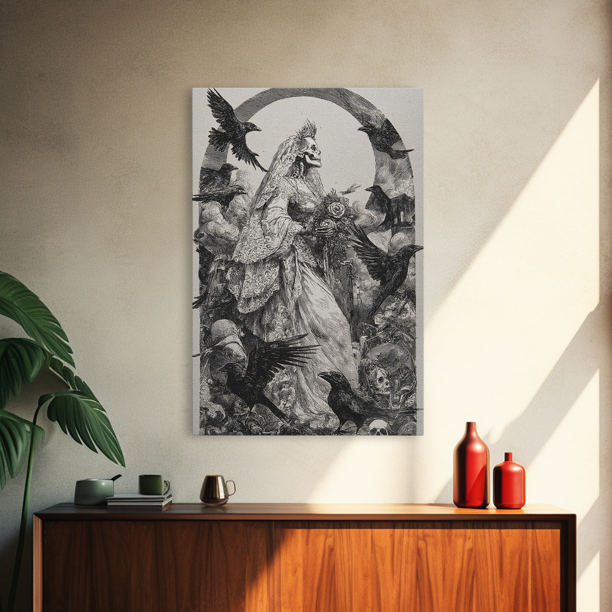 The Skeletal Bride, Renaissance Engraving Art, Vertical Wall Art, Macabre Wall Art, Framed Canvas Print, Halloween Wall Art
