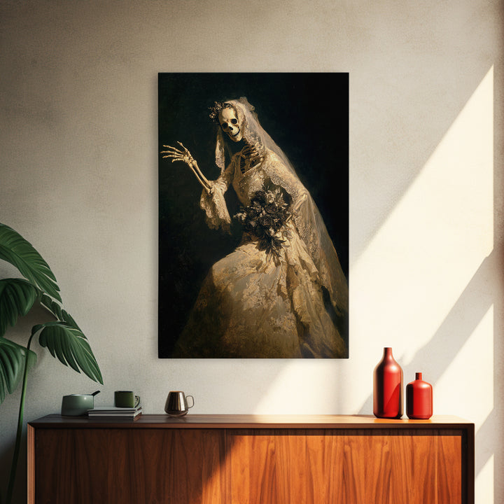 The Skeletal Bride, Dark Romantic Horror Art, Vertical Wall Art, Gothic Horror Wall Art, Framed Canvas Print, Halloween Wall Art