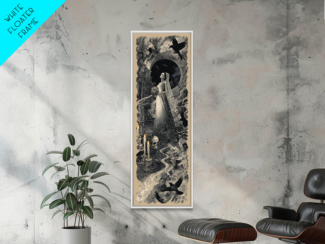 The Skeletal Bride, Architectural Etching Art, Tall Narrow Wall Art, Dark Halloween Decor, Framed Canvas Print