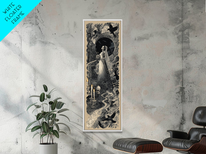 The Skeletal Bride, Architectural Etching Art, Tall Narrow Wall Art, Dark Halloween Decor, Framed Canvas Print