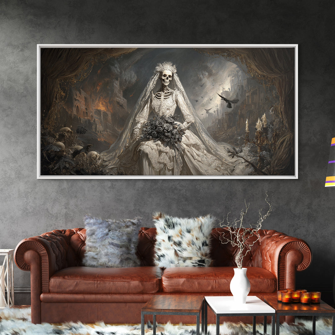 The Skeletal Bride, Apocalyptic Romantic Art, Wide Panoramic Art, Gothic Horror Wall Art, Canvas Print, Halloween Wall Art