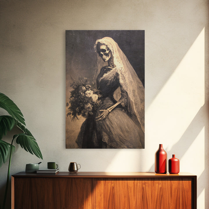 The Skeletal Bride, Symbolist Dream Art, Vertical Wall Art, Gothic Horror Wall Art, Framed Canvas Print, Halloween Wall Art