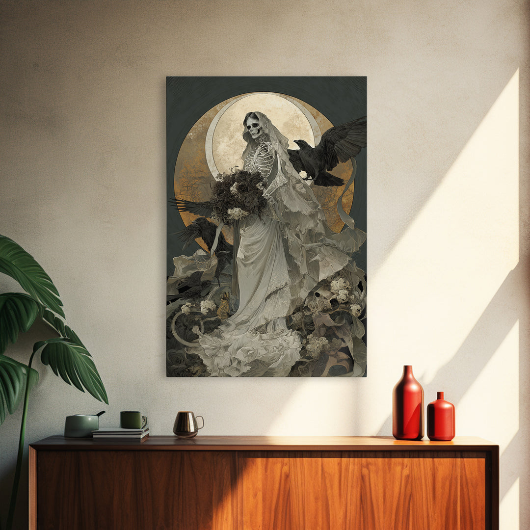 The Skeletal Bride, Decadent Gothic Art, Vertical Wall Art, Dark Halloween Decor, Framed Canvas Print, Halloween Wall Art