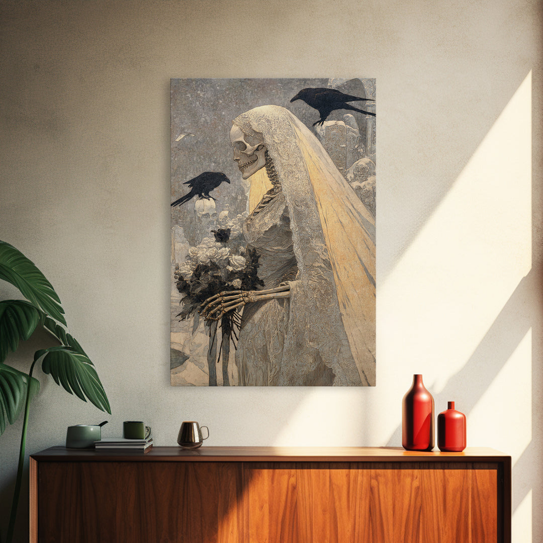 The Skeletal Bride, Symbolist Death Art, Vertical Wall Art, Macabre Wall Art, Framed Canvas Print, Halloween Wall Art