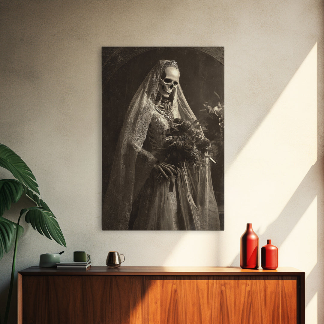 The Skeletal Bride, Dark Symbolist Art, Vertical Wall Art, Dark Fantasy Wall Art, Framed Canvas Print, Halloween Wall Art