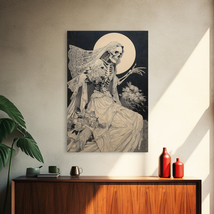 The Skeletal Bride, Symbolist Etching Art, Vertical Wall Art, Macabre Wall Art, Canvas Print, Halloween Wall Art, Statement Wall Art