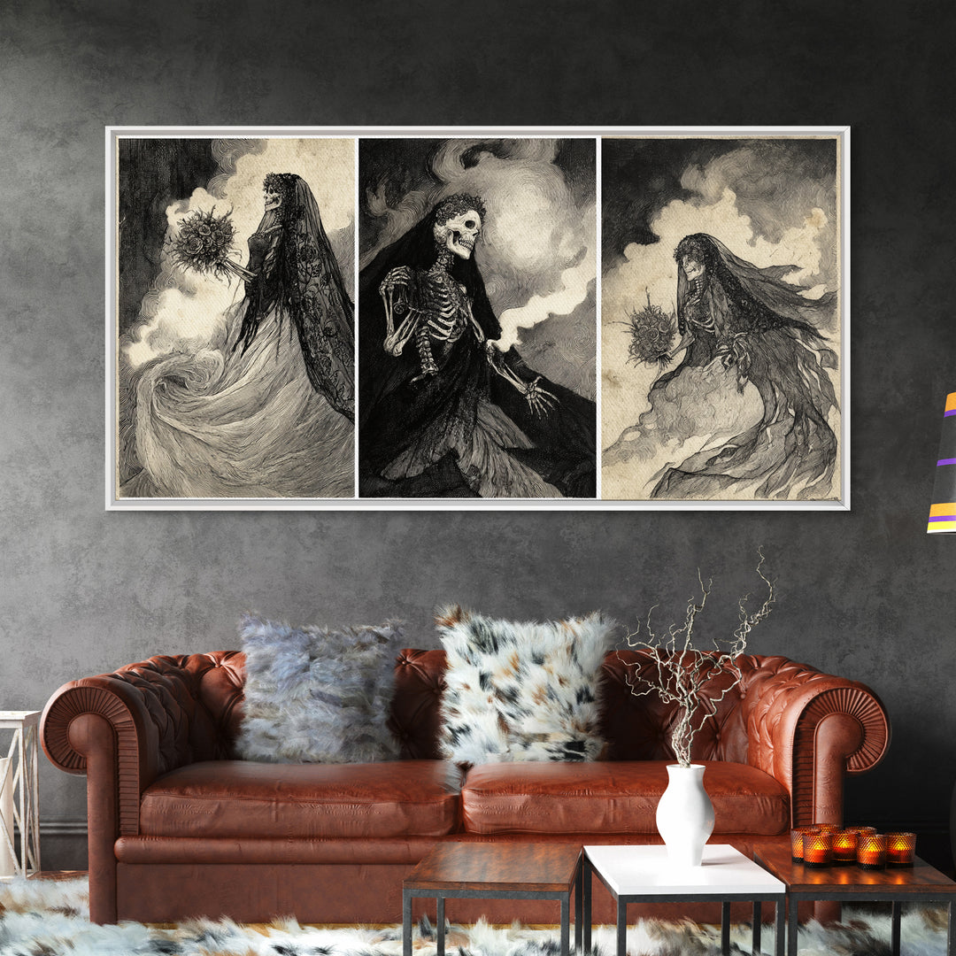 The Skeletal Bride, Expressionist Nightmare Art, Wide Panoramic Art, Dark Fantasy Wall Art, Framed Canvas Print, Halloween Wall Art