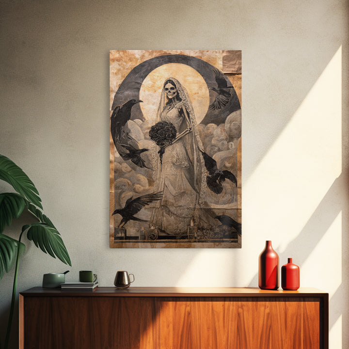 The Skeletal Bride, Expressionist Gothic Art, Vertical Wall Art, Gothic Horror Wall Art, Framed Canvas Print, Halloween Wall Art