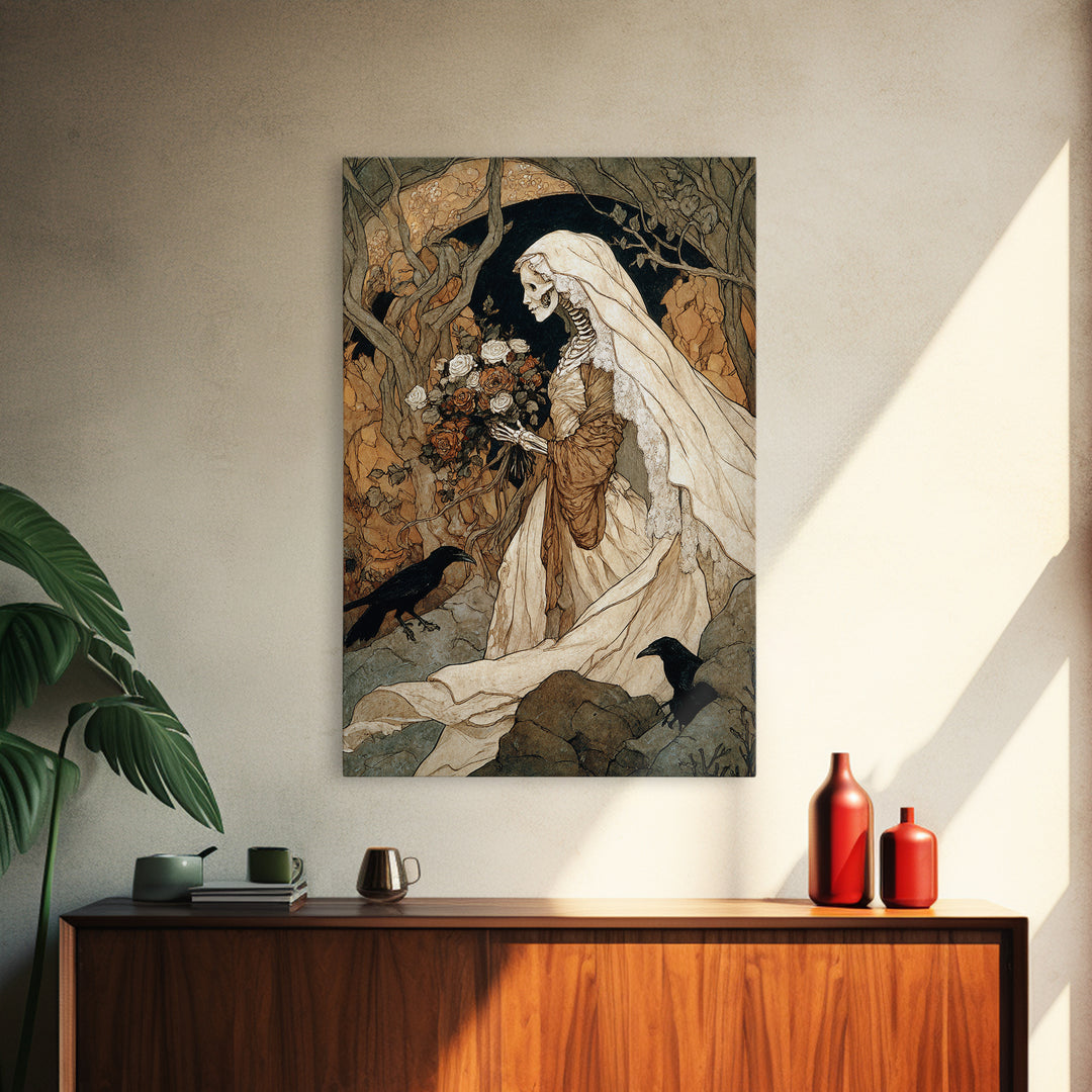 The Skeletal Bride, Gothic Storybook Art, Vertical Wall Art, Gothic Horror Wall Art, Canvas Print, Halloween Wall Art