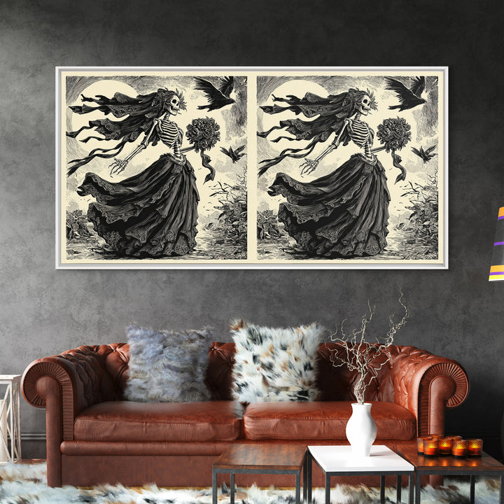 The Skeletal Bride, Macabre Folk Print Art, Wide Panoramic Art, Dark Halloween Decor, Framed Canvas Print, Halloween Wall Art