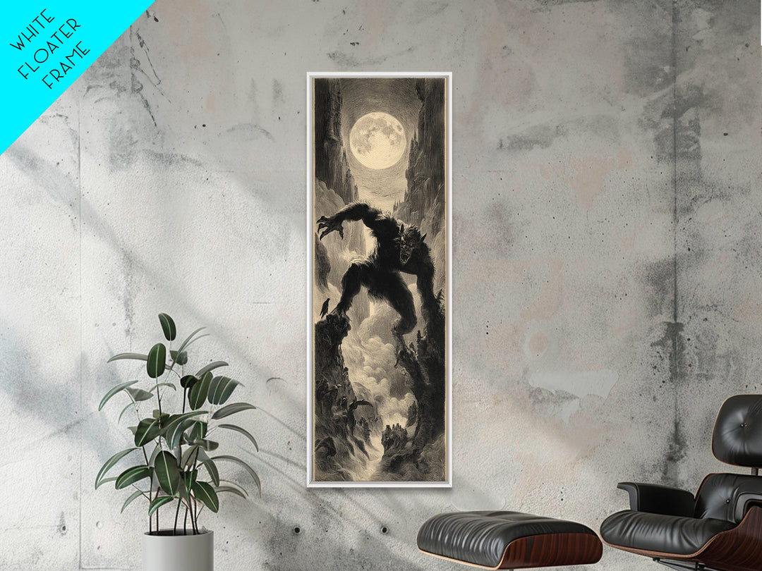 The Moon-Cursed Werewolf, Gothic Engraving Art, Tall Narrow Wall Art, Macabre Wall Art, Framed Canvas Print, Halloween Wall Art
