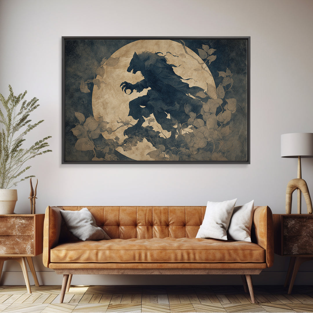 The Moon-Cursed Werewolf, Medieval Grotesque Art, Landscape Wall Art, Macabre Wall Art, Framed Canvas Print, Halloween Wall Art