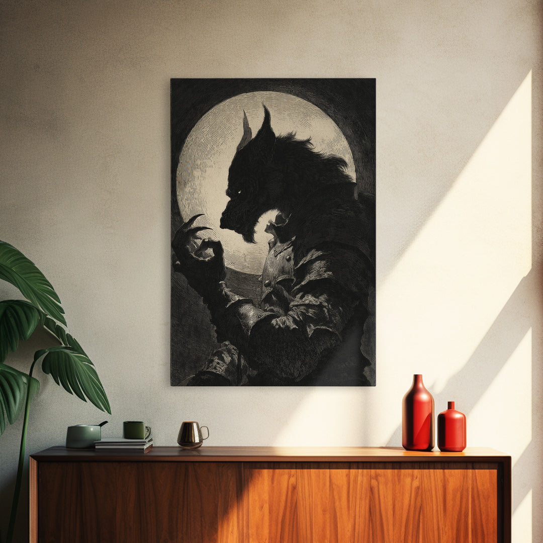 The Moon-Cursed Werewolf, Renaissance Engraving Art, Vertical Wall Art, Macabre Wall Art, Framed Canvas Print, Halloween Wall Art