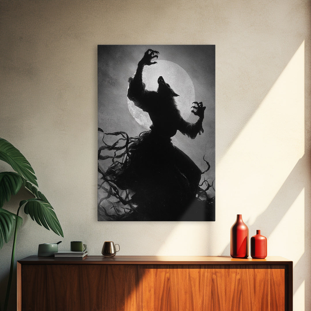 The Moon-Cursed Werewolf, Dark Romantic Horror Art, Vertical Wall Art, Gothic Horror Wall Art, Framed Canvas Print, Halloween Wall Art