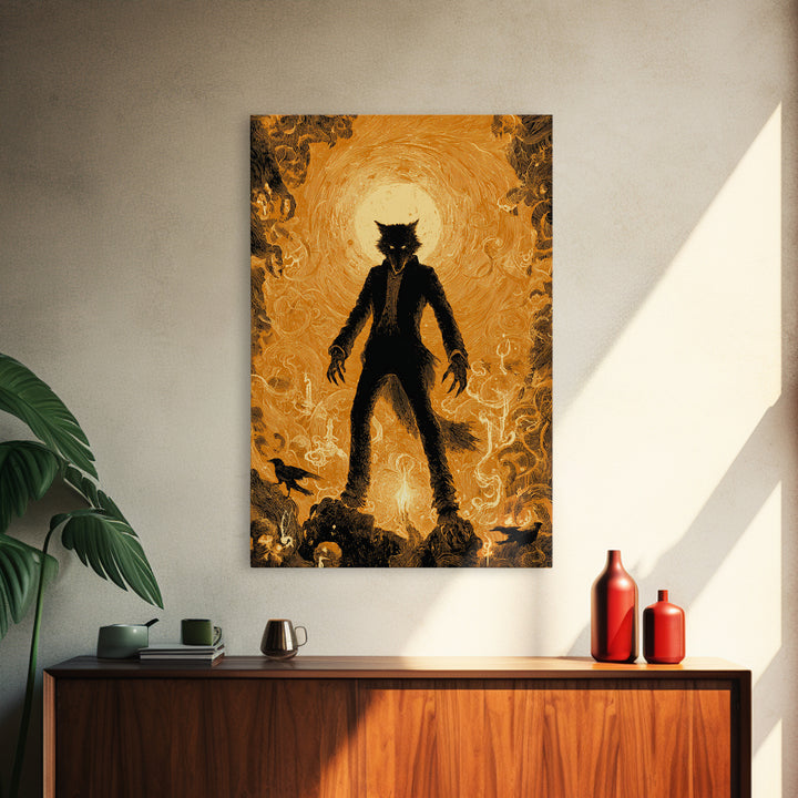 The Moon-Cursed Werewolf, Visionary Gothic Art, Vertical Wall Art, Dark Halloween Decor, Framed Canvas Print, Halloween Wall Art