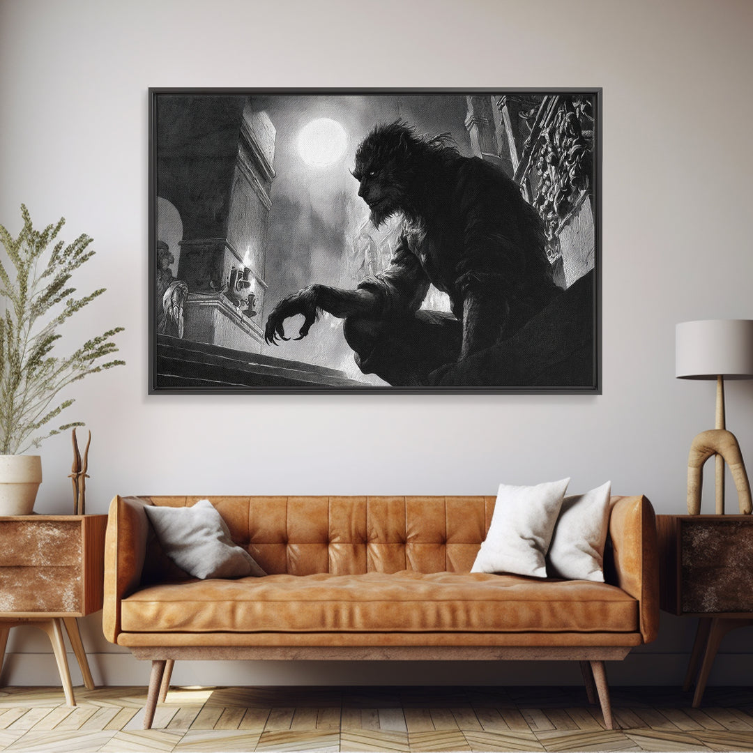 The Moon-Cursed Werewolf, Architectural Etching Art, Landscape Wall Art, Gothic Horror Wall Art, Framed Canvas Print