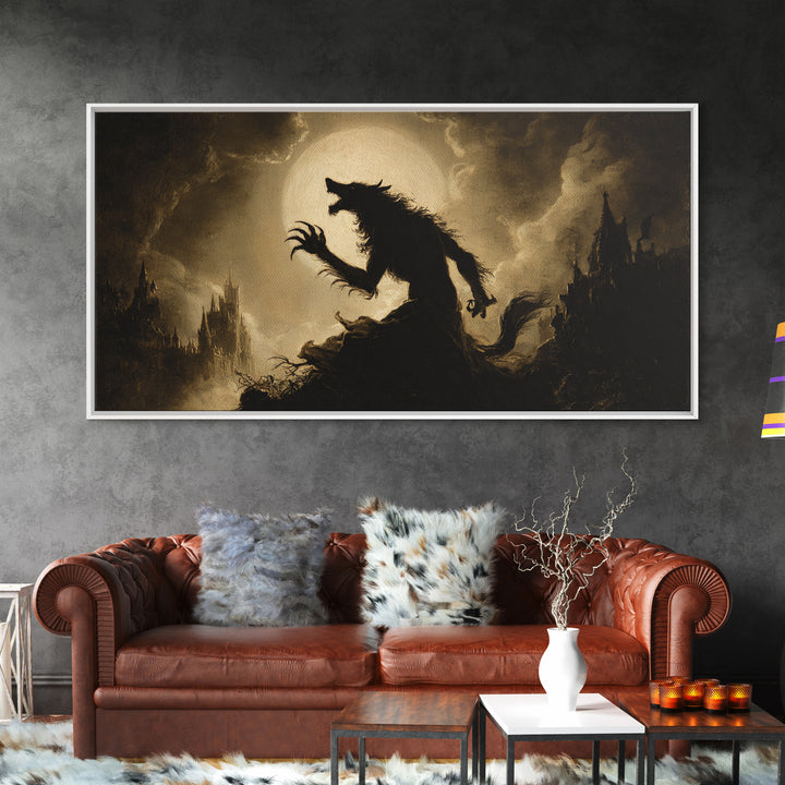 The Moon-Cursed Werewolf, Apocalyptic Romantic Art, Wide Panoramic Art, Gothic Horror Wall Art, Canvas Print, Halloween Wall Art