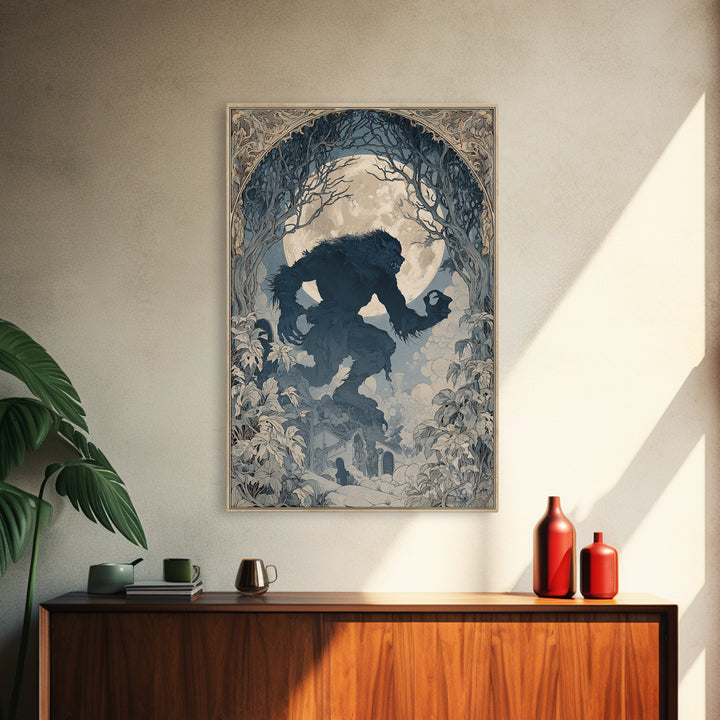 The Moon-Cursed Werewolf, Symbolist Death Art, Vertical Wall Art, Macabre Wall Art, Framed Canvas Print, Halloween Wall Art