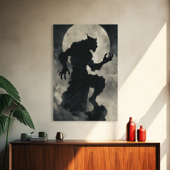 The Moon-Cursed Werewolf, Dark Symbolist Art, Vertical Wall Art, Dark Halloween Decor, Canvas Print, Halloween Wall Art