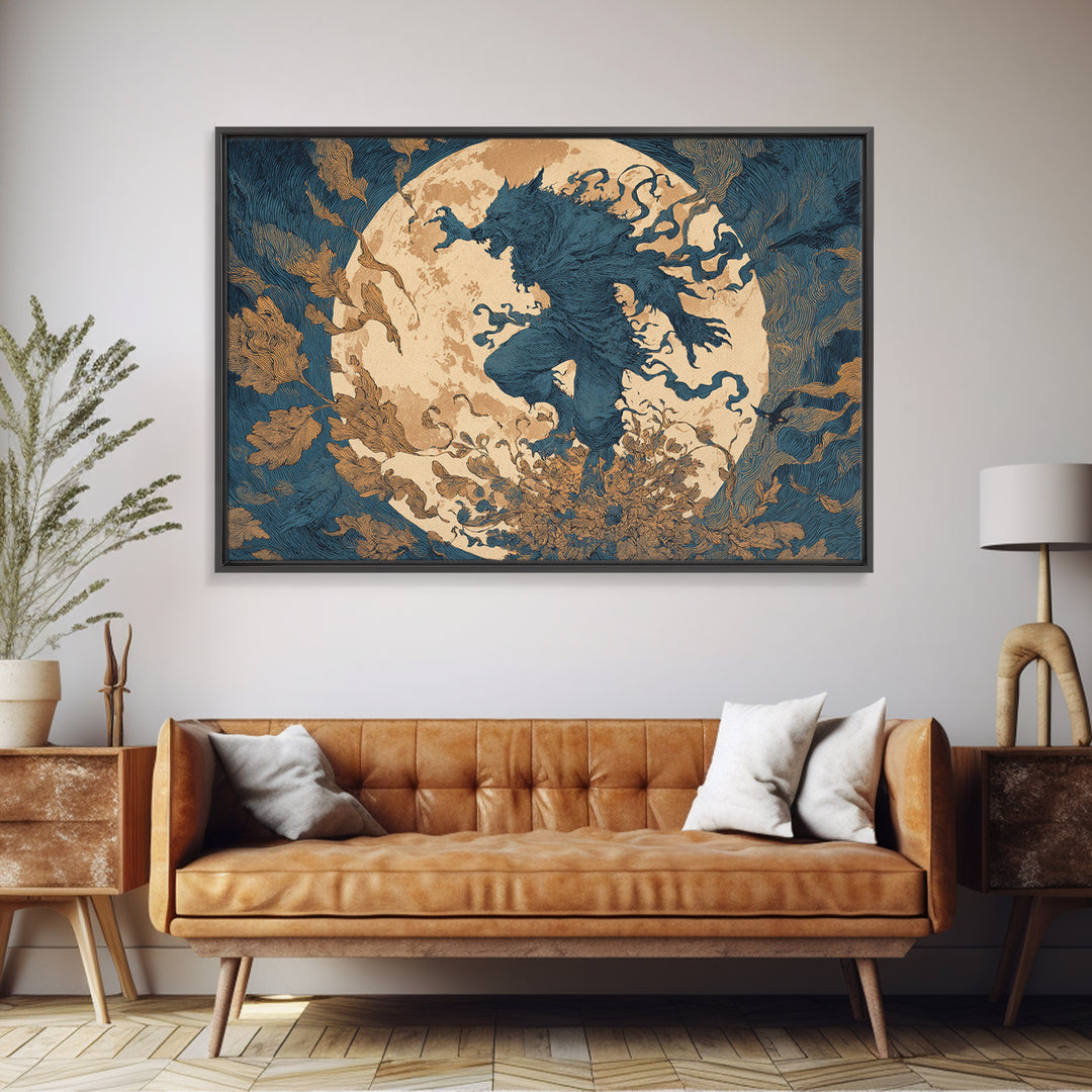 The Moon-Cursed Werewolf, Symbolist Etching Art, Landscape Wall Art, Gothic Horror Wall Art, Framed Canvas Print, Halloween Wall Art