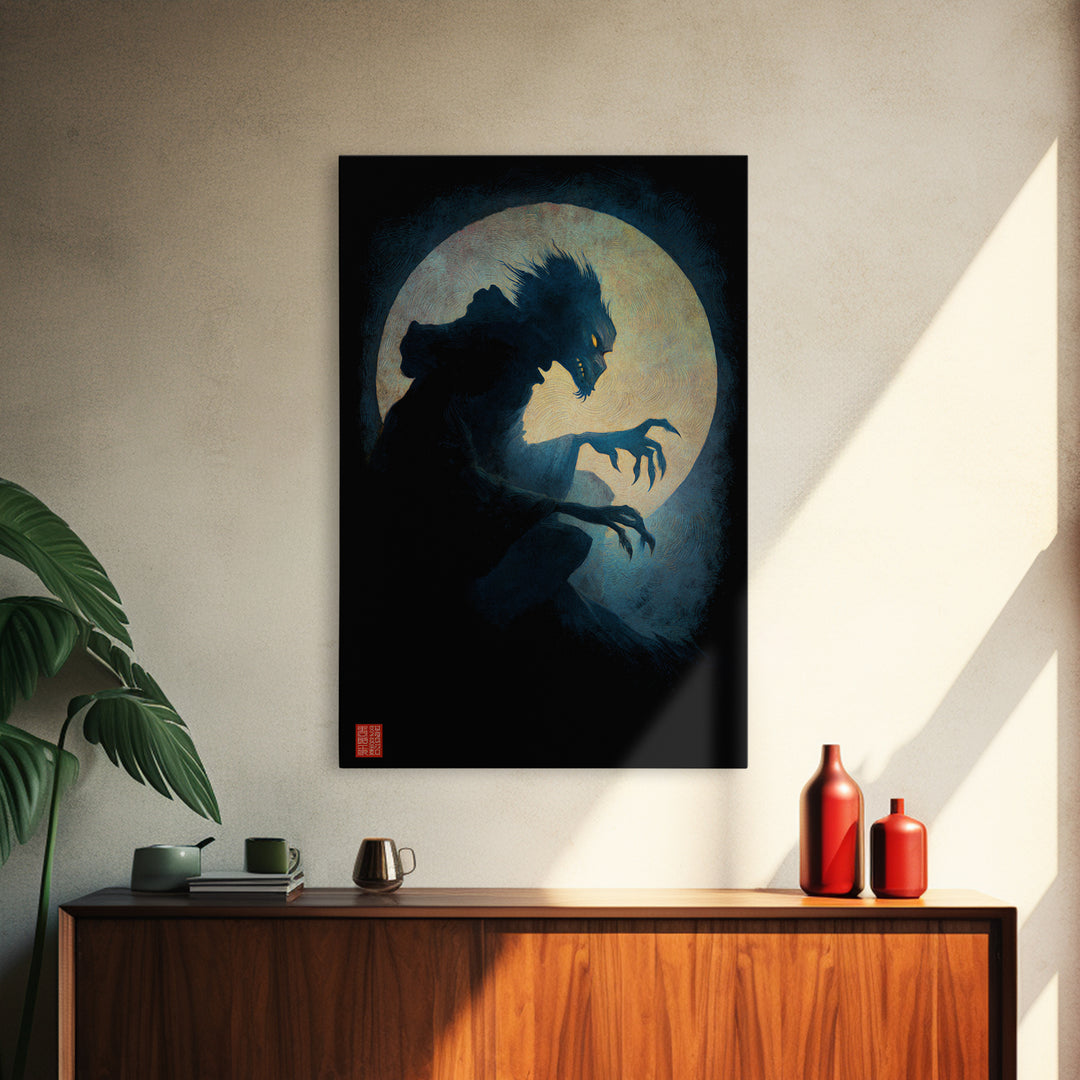 The Moon-Cursed Werewolf, Expressionist Gothic Art, Vertical Wall Art, Dark Halloween Decor, Canvas Print, Halloween Wall Art