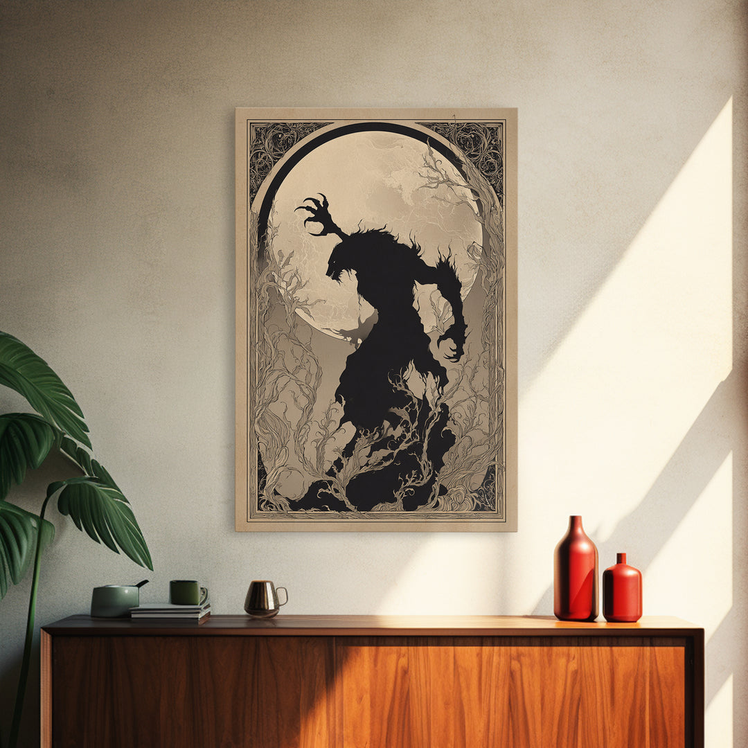 The Moon-Cursed Werewolf, Decadent Line Art, Vertical Wall Art, Dark Fantasy Wall Art, Framed Canvas Print, Halloween Wall Art