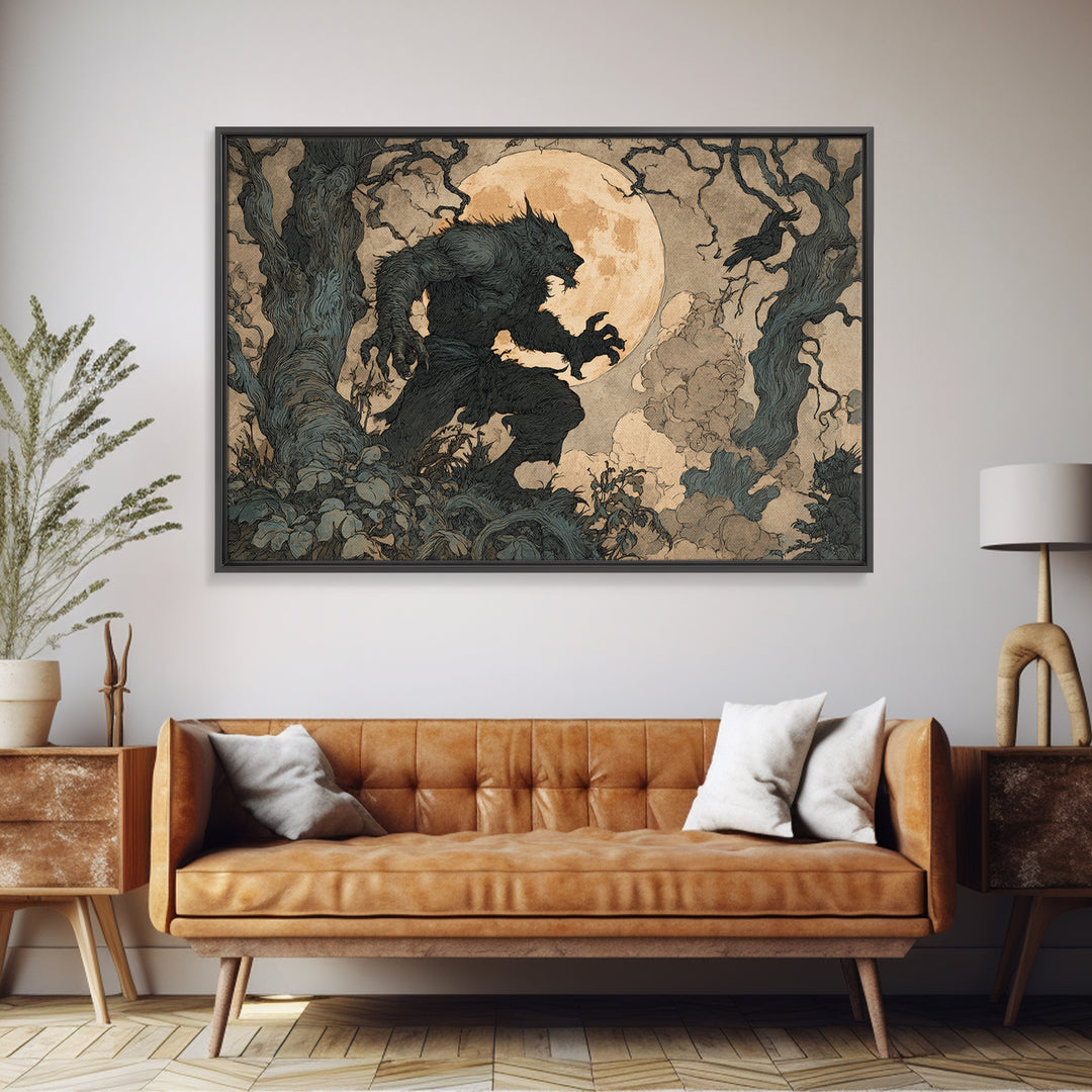 The Moon-Cursed Werewolf, Gothic Storybook Art, Landscape Wall Art, Dark Halloween Decor, Canvas Print, Halloween Wall Art