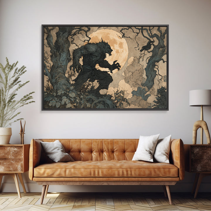 The Moon-Cursed Werewolf, Gothic Storybook Art, Landscape Wall Art, Dark Halloween Decor, Canvas Print, Halloween Wall Art