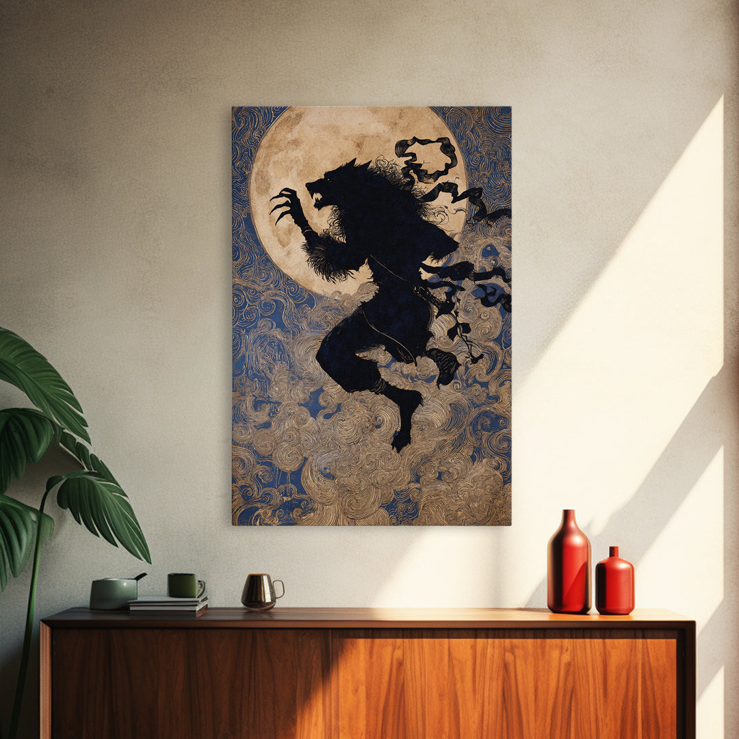 The Moon-Cursed Werewolf, Stained Glass Gothic Art, Vertical Wall Art, Dark Fantasy Wall Art, Framed Canvas Print, Halloween Wall Art