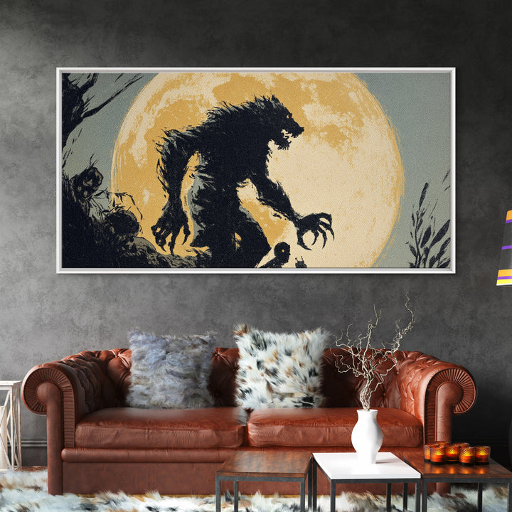 The Moon-Cursed Werewolf, Macabre Folk Print Art, Wide Panoramic Art, Dark Fantasy Wall Art, Framed Canvas Print