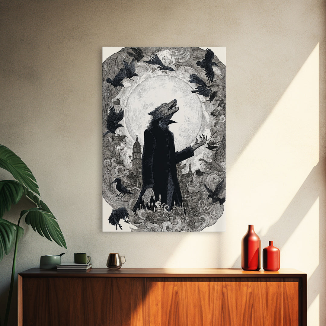 The Moon-Cursed Werewolf, Victorian Macabre Art, Vertical Wall Art, Gothic Horror Wall Art, Framed Canvas Print, Halloween Wall Art