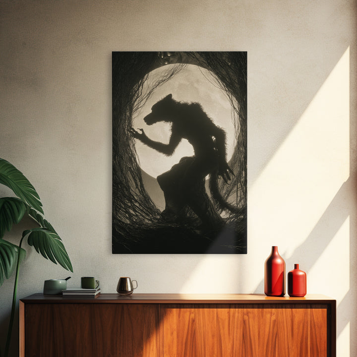 The Moon-Cursed Werewolf, Biomechanical Horror Art, Vertical Wall Art, Dark Halloween Decor, Canvas Print, Halloween Wall Art