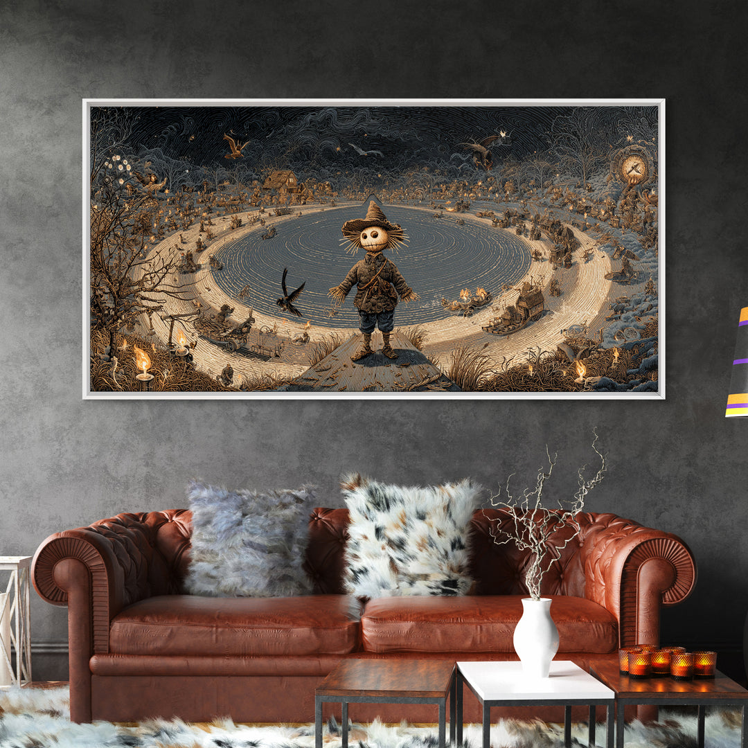 The Living Scarecrow, Northern Renaissance Horror, Wide Panoramic Art, Dark Fantasy Wall Art, Framed Canvas Print