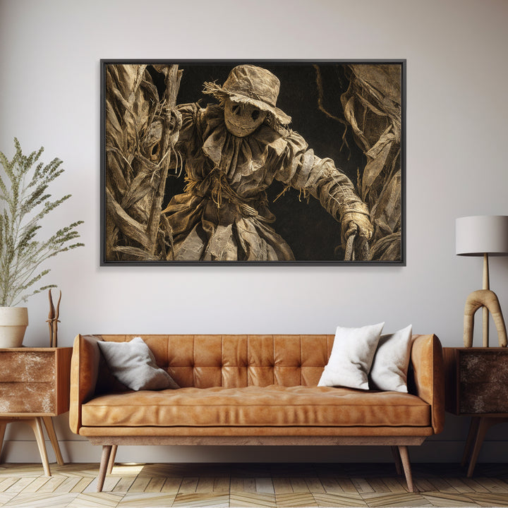 The Living Scarecrow, Architectural Etching Art, Landscape Wall Art, Dark Halloween Decor, Framed Canvas Print