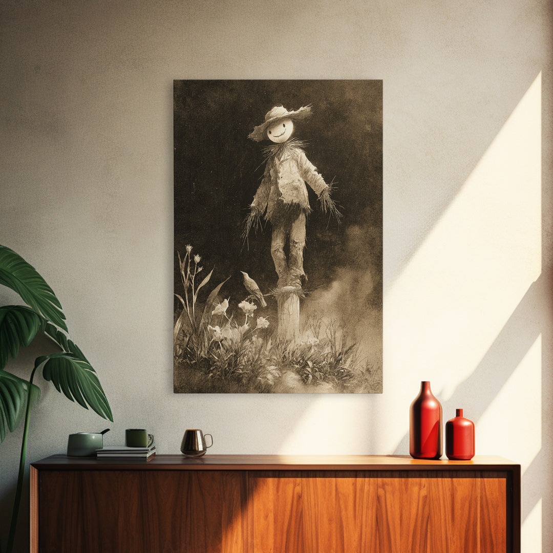 The Living Scarecrow, Symbolist Dream Art, Vertical Wall Art, Dark Halloween Decor, Framed Canvas Print, Halloween Wall Art