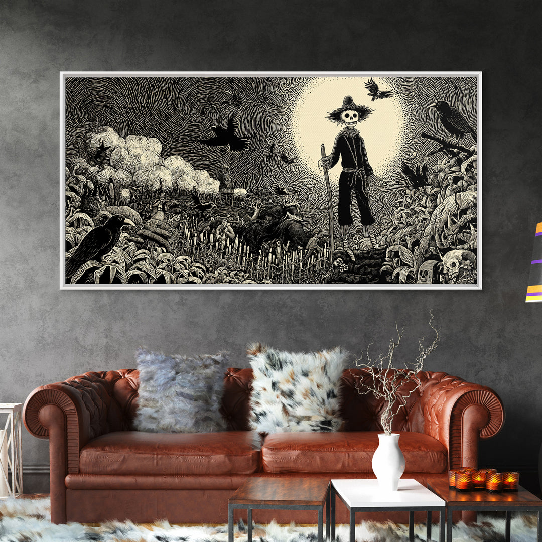 The Living Scarecrow, Macabre Folk Print Art, Wide Panoramic Art, Macabre Wall Art, Canvas Print, Halloween Wall Art
