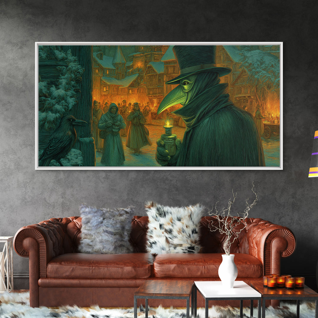 The Plague Doctor, Northern Renaissance Horror, Wide Panoramic Art, Dark Halloween Decor, Canvas Print, Halloween Wall Art