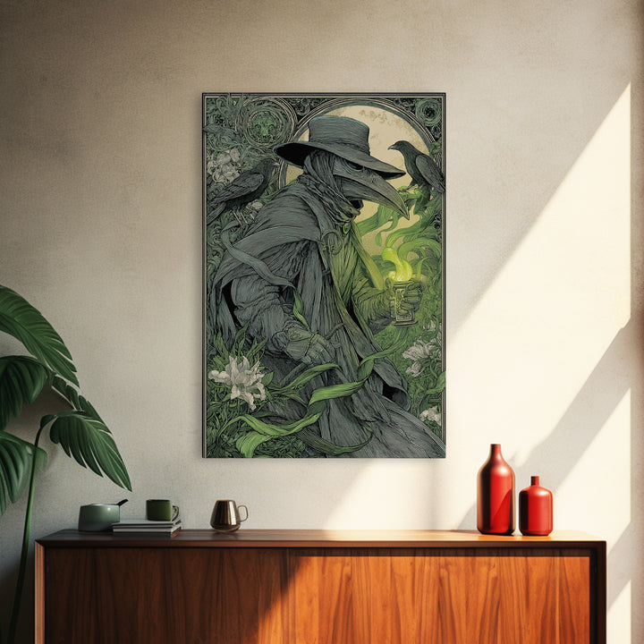 The Plague Doctor, Symbolist Death Art, Vertical Wall Art, Macabre Wall Art, Framed Canvas Print, Halloween Wall Art