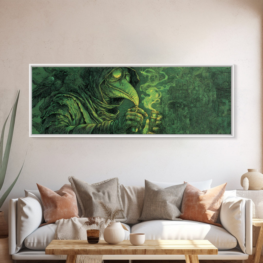 The Plague Doctor, Expressionist Nightmare Art, Extra Wide Wall Art, Dark Halloween Decor, Framed Canvas Print, Halloween Wall Art