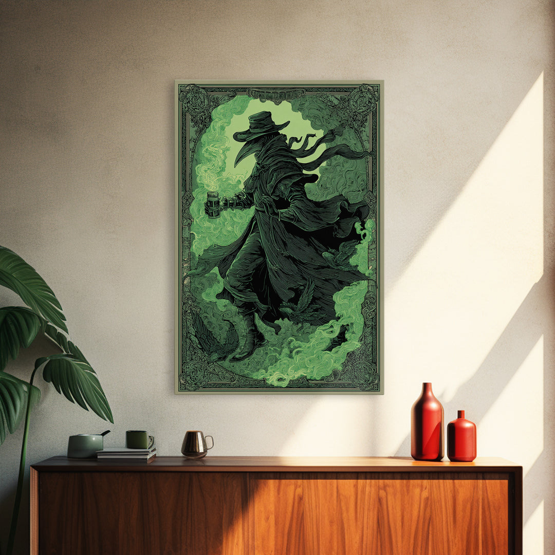 The Plague Doctor, Decadent Line Art, Vertical Wall Art, Dark Halloween Decor, Framed Canvas Print, Halloween Wall Art