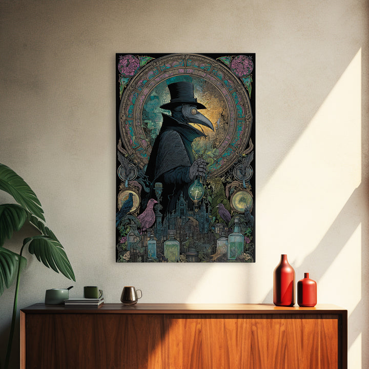 The Plague Doctor, Stained Glass Gothic Art, Vertical Wall Art, Gothic Horror Wall Art, Framed Canvas Print, Halloween Wall Art