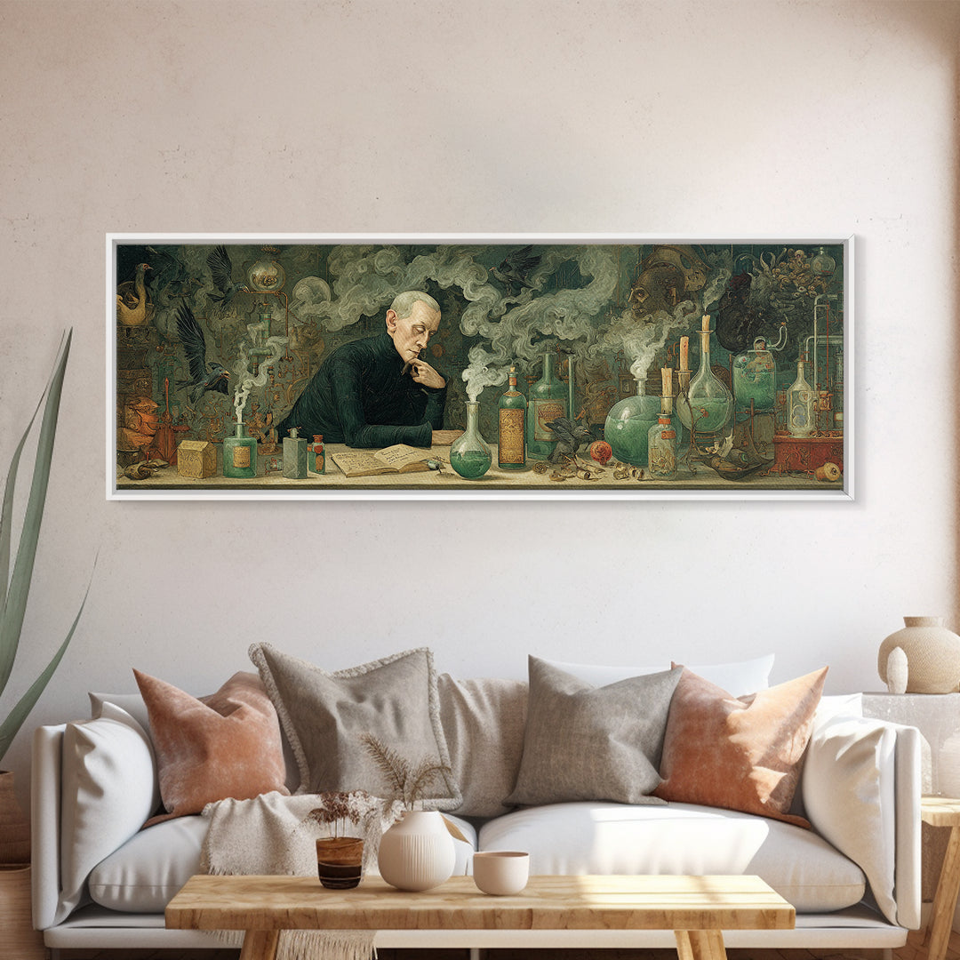 The Mad Alchemist, Medieval Grotesque Art, Extra Wide Wall Art, Dark Halloween Decor, Framed Canvas Print, Halloween Wall Art