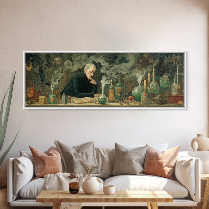 The Mad Alchemist, Medieval Grotesque Art, Extra Wide Wall Art, Dark Halloween Decor, Framed Canvas Print, Halloween Wall Art