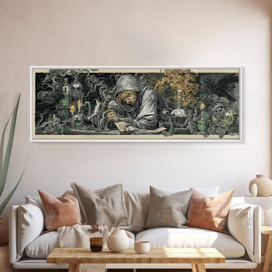 The Mad Alchemist, Renaissance Engraving Art, Extra Wide Wall Art, Dark Halloween Decor, Framed Canvas Print, Halloween Wall Art
