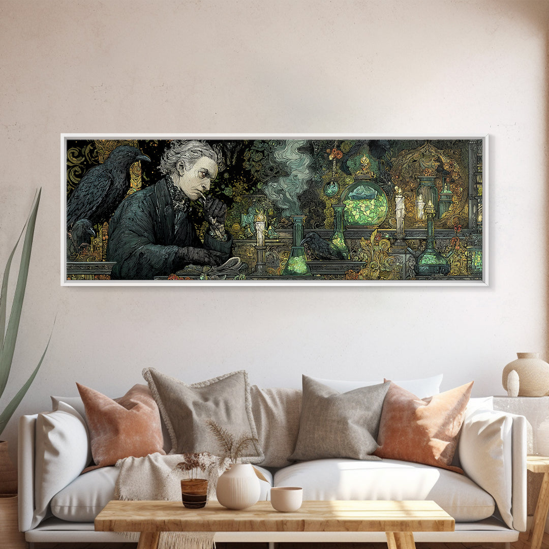 The Mad Alchemist, Stained Glass Gothic Art, Extra Wide Wall Art, Dark Halloween Decor, Canvas Print, Halloween Wall Art