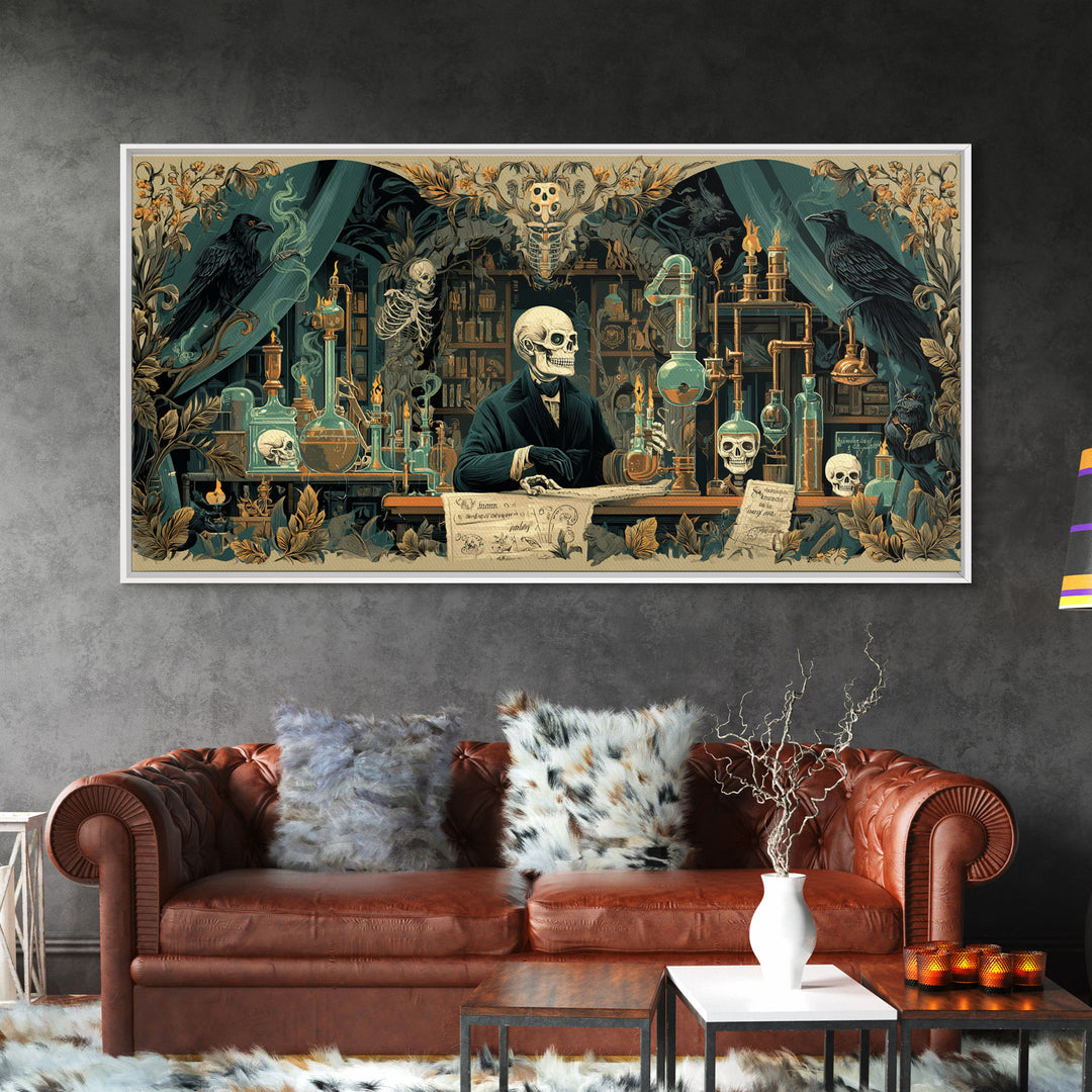 The Mad Alchemist, Macabre Folk Print Art, Wide Panoramic Art, Dark Halloween Decor, Framed Canvas Print, Halloween Wall Art
