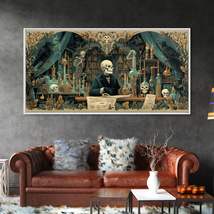 The Mad Alchemist, Macabre Folk Print Art, Wide Panoramic Art, Dark Halloween Decor, Framed Canvas Print, Halloween Wall Art