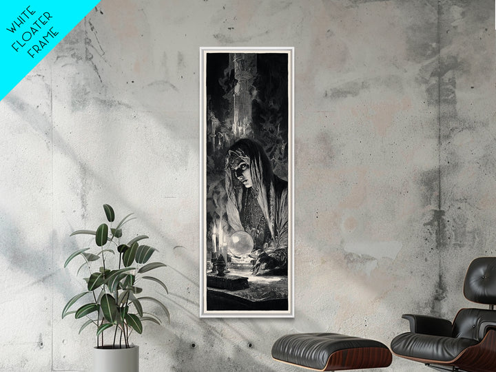 The Midnight Fortune Teller, Gothic Engraving Art, Tall Narrow Wall Art, Dark Halloween Decor, Framed Canvas Print, Halloween Wall Art